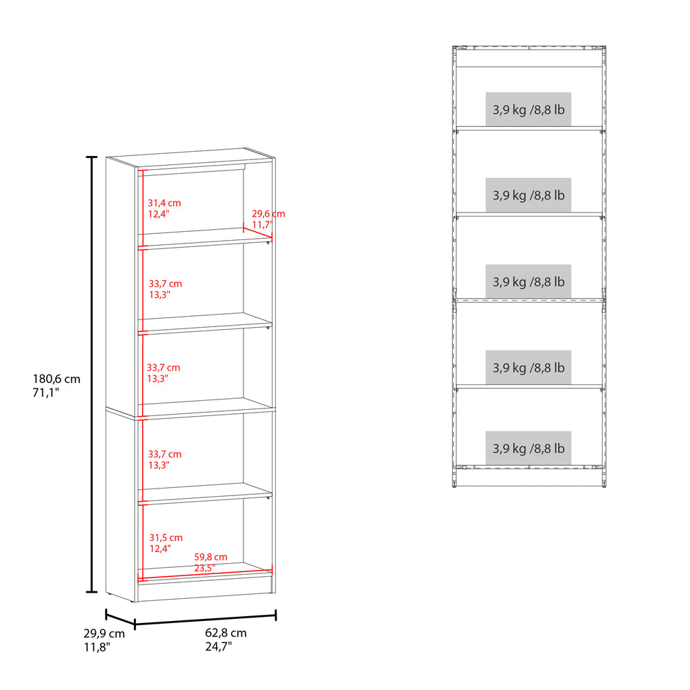 English Elm Fm Furniture Dam Bookcase - Slim Modern Design With 5 Open Shelves In Stained Walnut Finish For Storage B128P301394