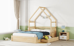 English Elm Wood Queen Size House Platform Bed with Guardrail and 2 Drawers — Charming Kids’ Playful Storage Bedframe Natural GX000726AAN