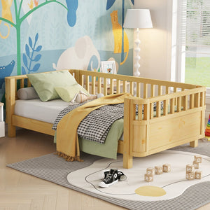 English Elm Twin Solid Pine Platform Bed with Guardrail for Kids, Low-Profile Twin Frame Durable 250LB Capacity W2593P367051