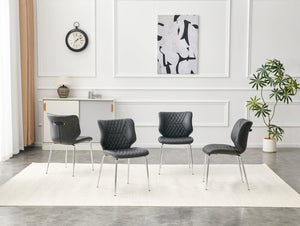 English Elm Dark Oil Waxed Faux Leather Dining Chair Set with Diamond Tufted High Back Metal Legs Dark Gray W3493P444883