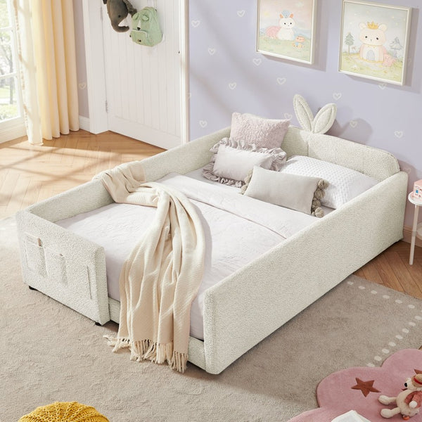 English Elm Full Size Boucle Platform Bed Whimsical Rabbit Ear Headboard with Safety Rail Beige W1413S00135