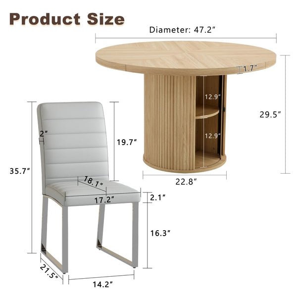 English Elm 2piece Round Pedestal Dining Set with Fluted Column Base Pu Chairs Storage Shelf W2920S00075