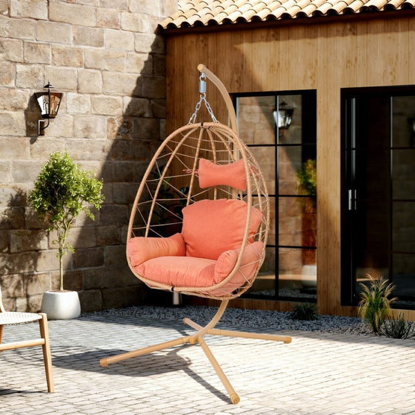 English Elm Hanging Egg Chair with Stand Pe Wicker Ergonomic Swing Seat for Patio or Bedroom T5880P497566