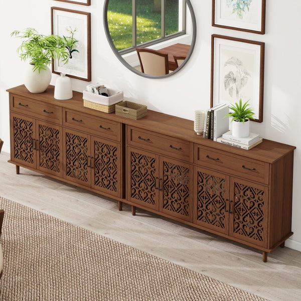 English Elm 4 Door Sideboard Buffet with Hand Carved Geometric Panels Black Oak Finish Raised Legs W688P359947