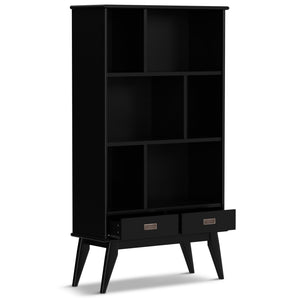 English Elm Draper Mid-Century Wide Bookcase & Storage Unit — Solid Rubberwood Black Finish, 6 Shelves, 2 Drawers, Anti-Tip B136P238616