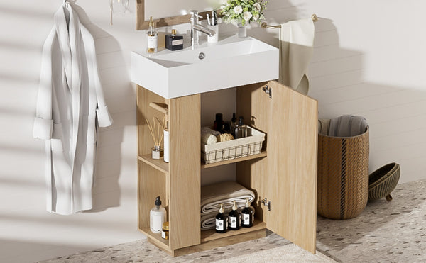 English Elm [video]21.6" Freestanding Bathroom Vanity Ceramic Sink Wavy Door Mdf Cabinet Small Bath Wood N729P285503N