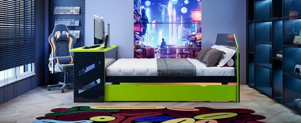 English Elm Full Size Wood Daybed with Twin Trundle Desk and Usb Charging for Teen Rooms Green LT000262AAG
