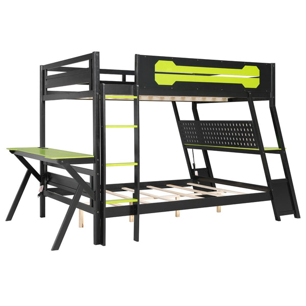 English Elm Full Size Gaming Bunk Bed with Dual Desks Usb Charging Ports and Pegboard Storage Green LT000274AAG