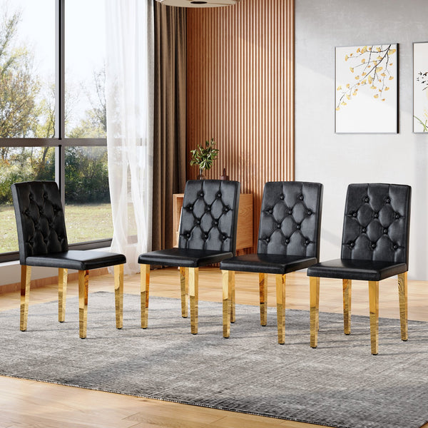 English Elm 4-pack PU dining chairs with ergonomic buckle backrest, gold metal legs, high-density sponge comfort Black+Gold W1151P295705