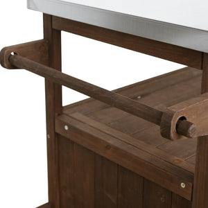 English Elm 54.33" Farmhouse Outdoor Kitchen Cart Solid Fir Frame Steel Top Storage Bbq Prep Brown N767P379702D