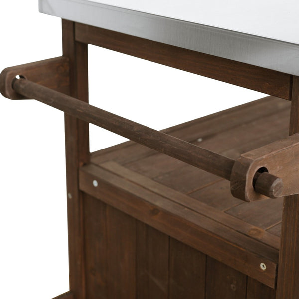English Elm 54.33" Farmhouse Outdoor Kitchen Cart Solid Fir Frame Steel Top Storage Bbq Prep Brown N767P379702D