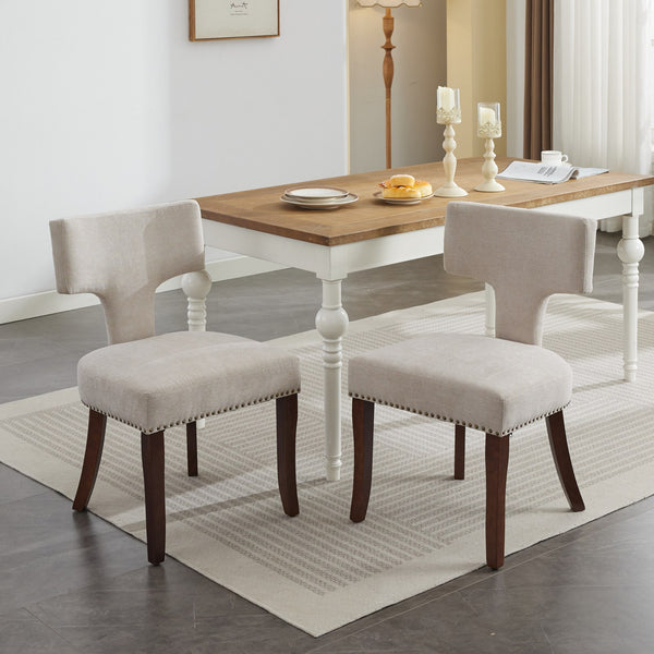 English Elm Mid Curved Back Dining Chairs Set of 2 with Copper Nail Trim, High-Density Foam Seats, Walnut Legs Beige W1143P186366