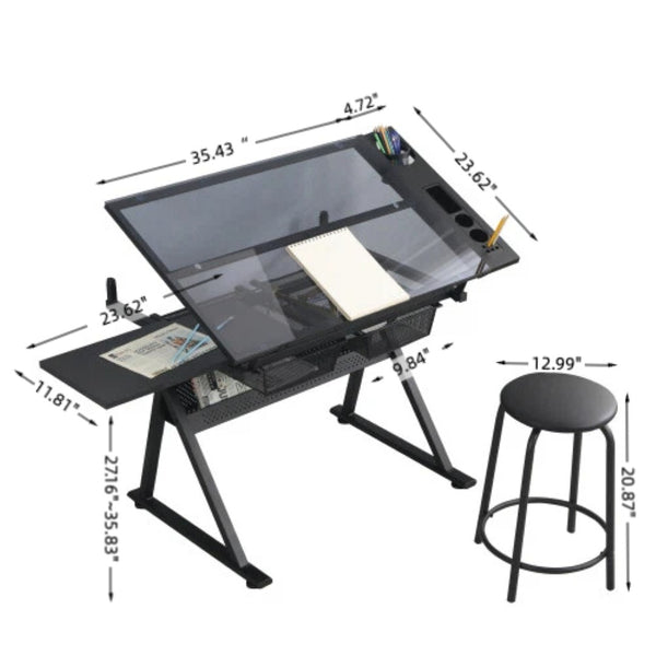 English Elm Black Tempered Glass Drafting Table with Stool Tilt Adjustable Artist Studio Desk W34737210