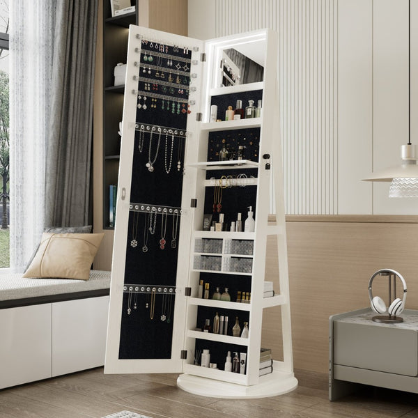 English Elm 360°swivel Jewelry Armoire with Lighted Interior Full Length Mirror Lockable White W3406P411303