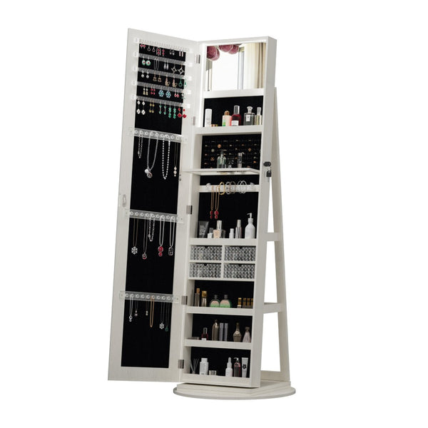 English Elm 360°swivel Jewelry Armoire with Lighted Interior Full Length Mirror Lockable White W3406P411303