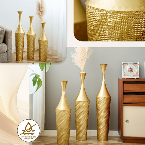 English Elm 3-piece Handcrafted Metal Floor Vase Set Matte Finish Architectural Trio for Entryway Gold W2796P446201