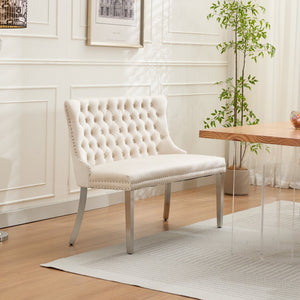 English Elm Velvet Wingback Dining Bench Tufted Two Seat Mid Century Modern Brushed Steel Base Beige W1143P406980