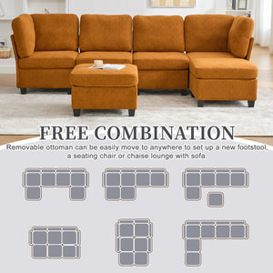 English Elm UNITED Modular 6-Seat Sectional Sofa with Removable Ottoman, Storage Compartments, Convertible Comfort Orange W1568S00246