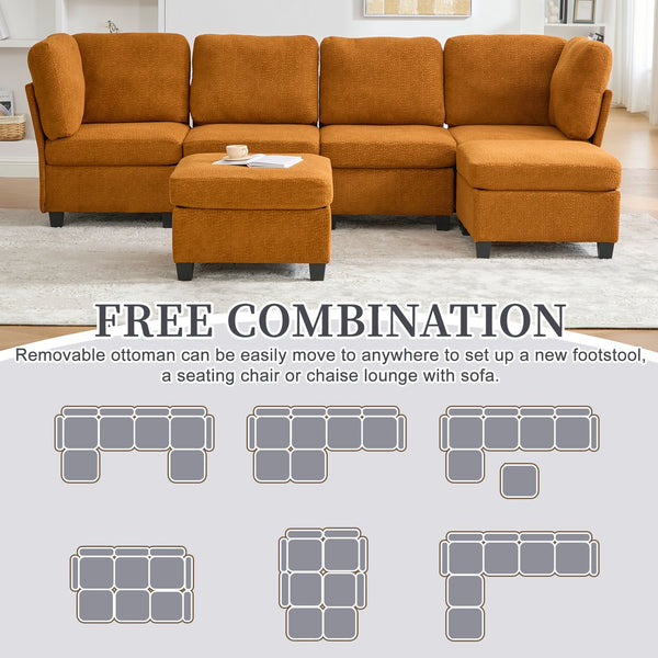 English Elm UNITED Modular 6-Seat Sectional Sofa with Removable Ottoman, Storage Compartments, Convertible Comfort Orange W1568S00246