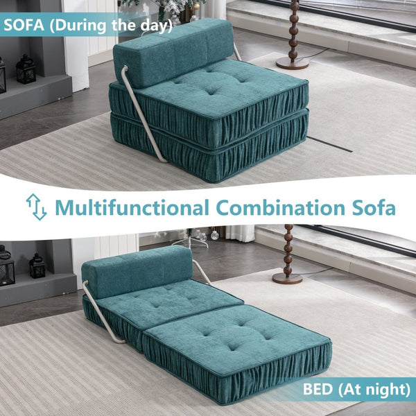 English Elm Green Chenille Floor Sofa Convertible Futon Chair with Modular Sleeping Support Green W3612P376637