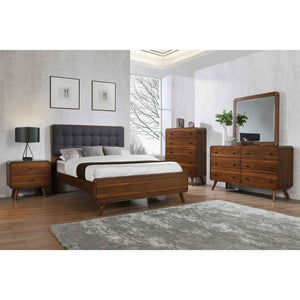 English Elm Carson Dark Walnut Queen Platform Bed With Tufted Grey Upholstery For A Cozy Mid-Century Retreat B062S00695