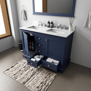 English Elm Navy Double Bath Vanity 48" W x 22" D — Solid Wood 2-Cabinet 6-Drawer Vanity, Soft-Close, Open Shelf, Fully Assembled B2731P258186