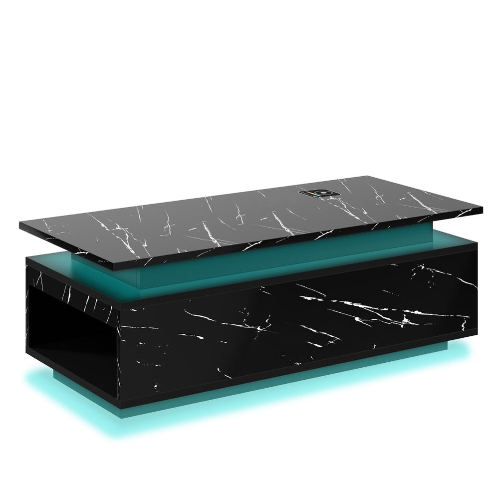 English Elm Coffee Table with Led Lighting Bluetooth Speaker Wireless Charging and Faux Marble Top Black T3773P415725