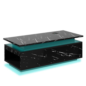 English Elm Coffee Table with Led Lighting Bluetooth Speaker Wireless Charging and Faux Marble Top Black T3773P415725