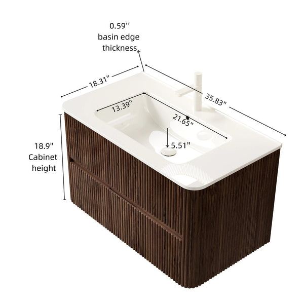 English Elm Noor Floating Bathroom Vanity 36 Inch Plywood Cabinet Walnut Finish Ceramic Basin W2615P386402