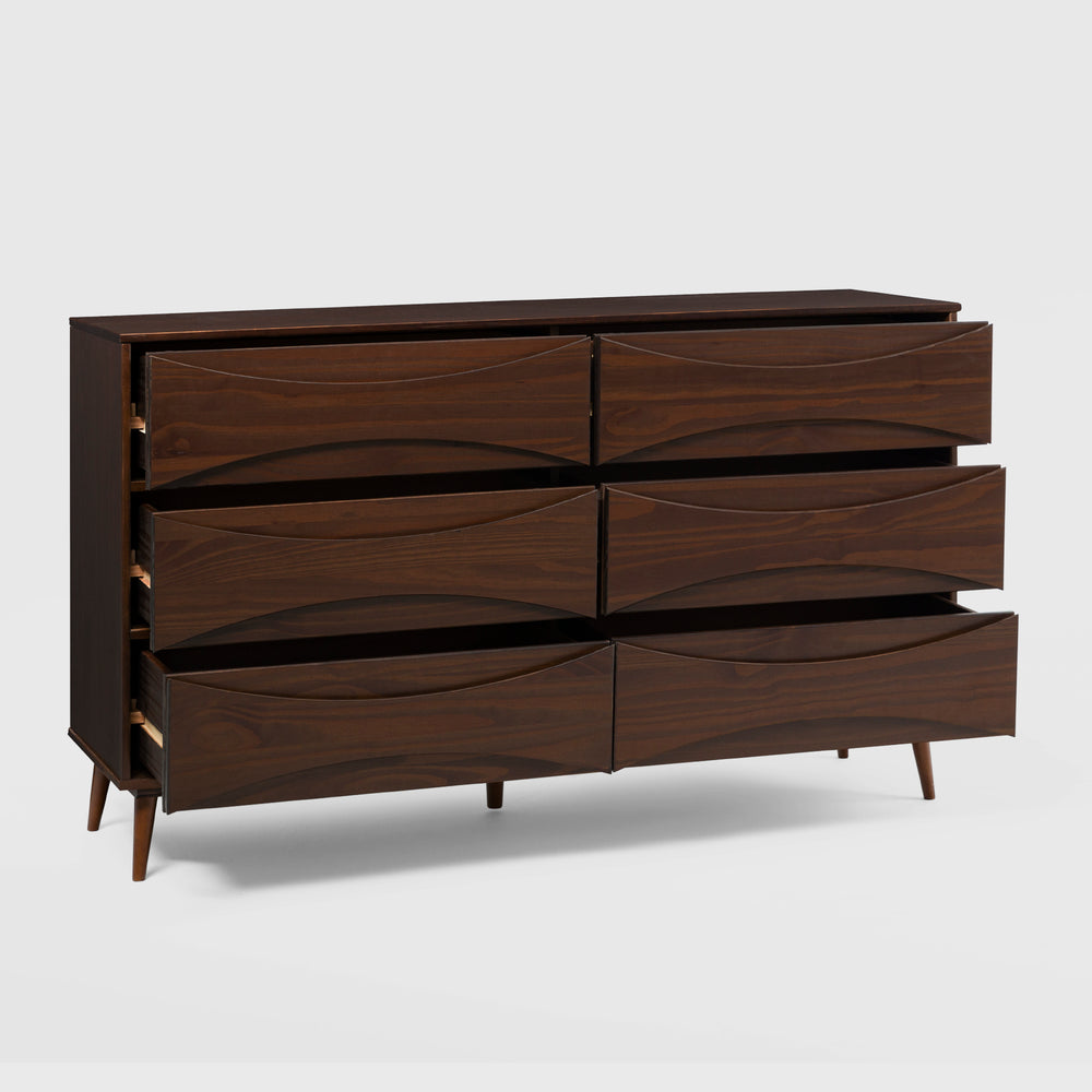 58" 6-Drawer Solid Wood Dresser with Curved Front Detail Walnut BRATT6DRDWT-T Walker Edison