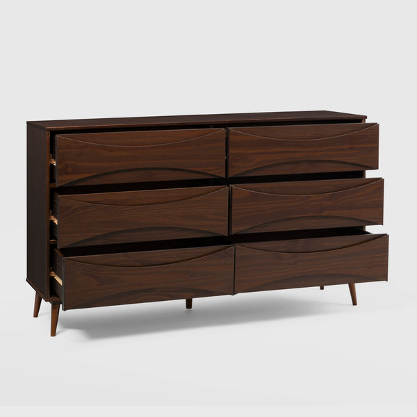 58" 6-Drawer Solid Wood Dresser with Curved Front Detail Walnut BRATT6DRDWT-T Walker Edison