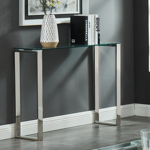Worldwide Home Furnishings Zevon-console/Desk-silver: Sleek Minimalist Design With Polished Stainless Steel & Clear Glass Elegance Silver Stainless Steel,Glass 502-408ch