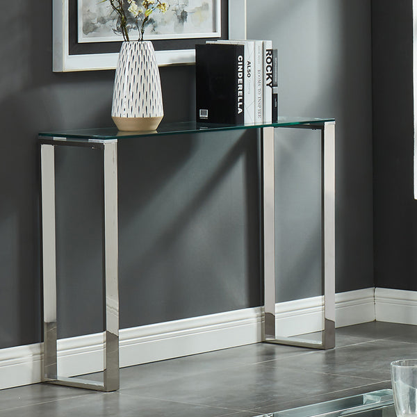 Worldwide Home Furnishings Zevon-console/Desk-silver: Sleek Minimalist Design With Polished Stainless Steel & Clear Glass Elegance Silver Stainless Steel,Glass 502-408ch