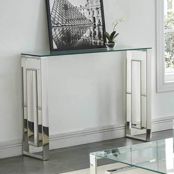 Worldwide Home Furnishings Eros-console/Desk-silver: Elegant Console Table For Entryway, Stylish Display, And Functional Design Silver Stainless Steel,Glass 502-482ch