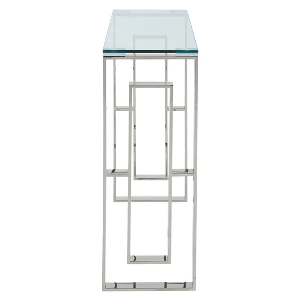 Worldwide Home Furnishings Eros-console/Desk-silver: Elegant Console Table For Entryway, Stylish Display, And Functional Design Silver Stainless Steel,Glass 502-482ch