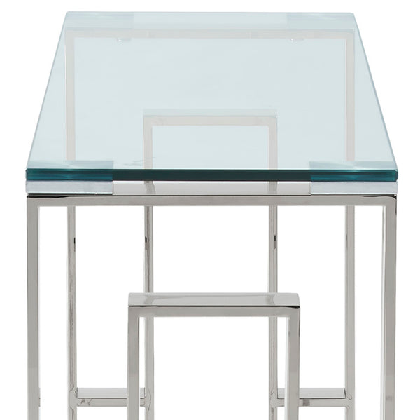 Worldwide Home Furnishings Eros-console/Desk-silver: Elegant Console Table For Entryway, Stylish Display, And Functional Design Silver Stainless Steel,Glass 502-482ch