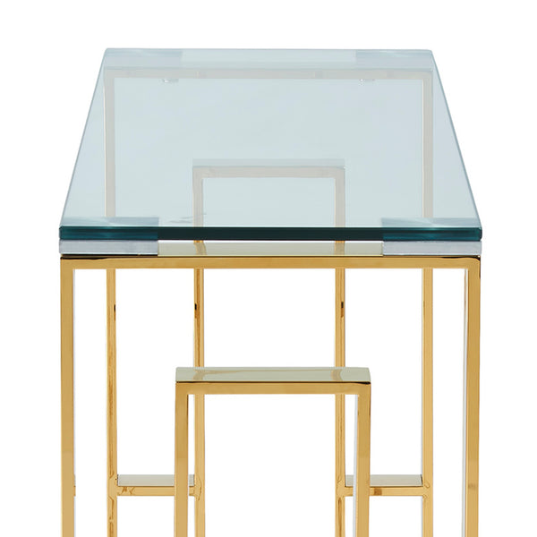 Worldwide Home Furnishings Eros-console/Desk-silver: Elegant Console Table For Entryway, Stylish Display, And Functional Design Gold Stainless Steel,Glass 502-482gl