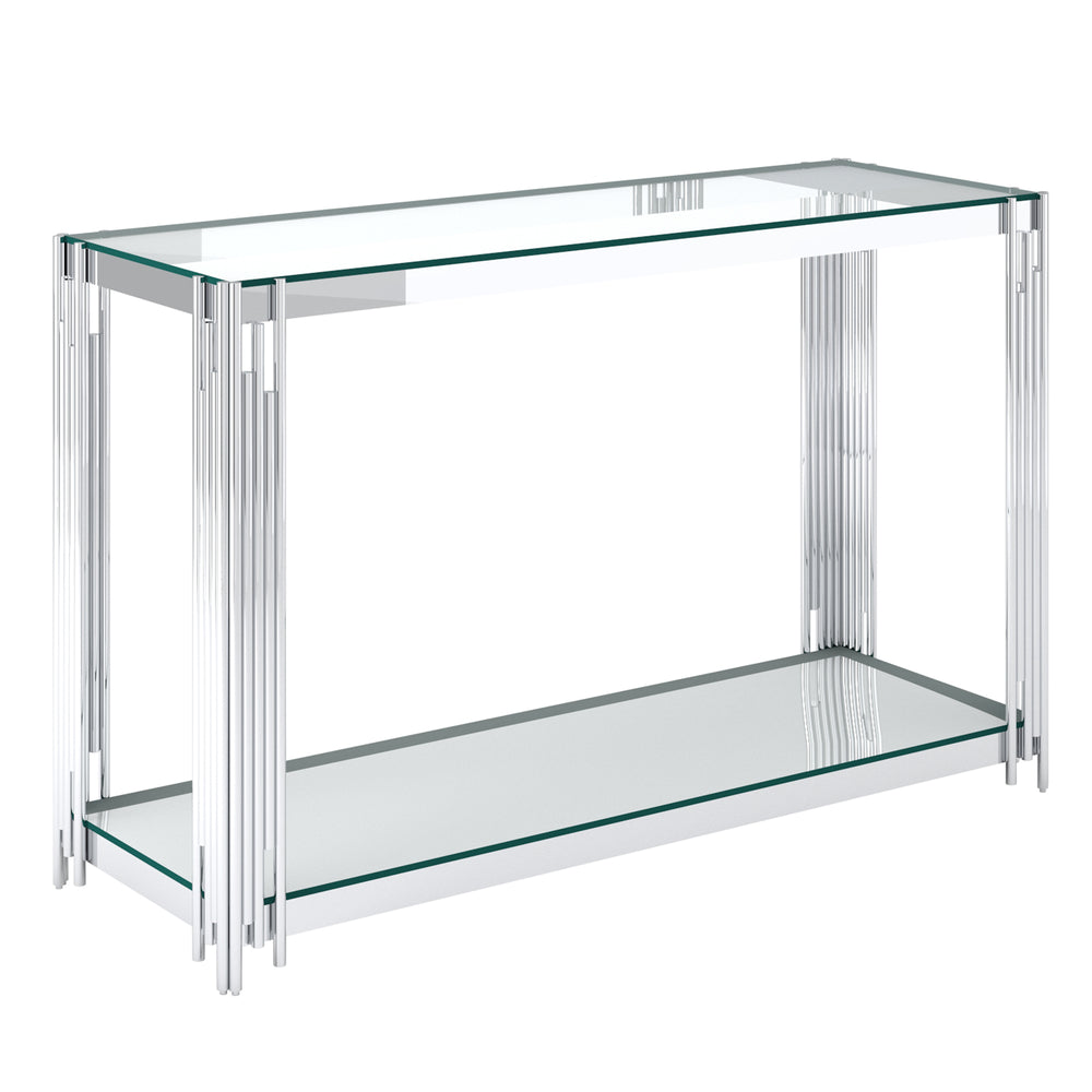 Worldwide Home Furnishings Estrel-console Table – Contemporary Art-deco Design With Polished Metal Frame And Glass Display Storage Silver Metal,Glass 502-630ch