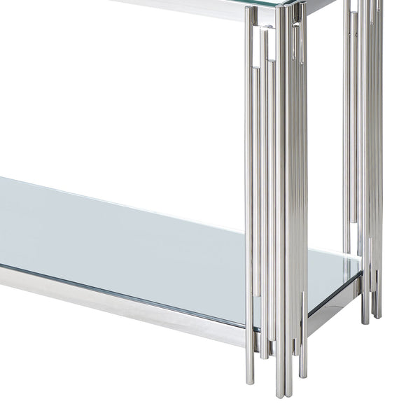 Worldwide Home Furnishings Estrel-console Table – Contemporary Art-deco Design With Polished Metal Frame And Glass Display Storage Silver Metal,Glass 502-630ch