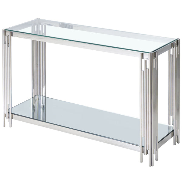 Worldwide Home Furnishings Estrel-console Table – Contemporary Art-deco Design With Polished Metal Frame And Glass Display Storage Silver Metal,Glass 502-630ch