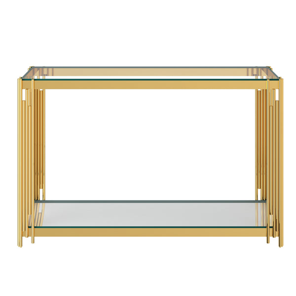 Worldwide Home Furnishings Estrel-console Table – Contemporary Art-deco Design With Polished Metal Frame And Glass Display Storage Gold Metal,Glass 502-630gl