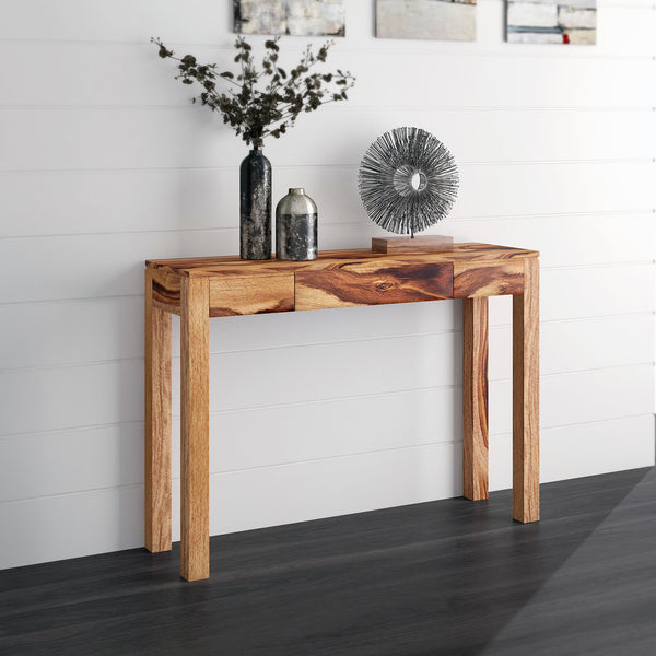 Worldwide Home Furnishings Idris-console/Desk-dark: Handcrafted Sheesham Wood Table With Drawer For Entryway & Hallway Charm Dark Sheesham Solid Wood 502-814dsh