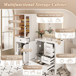 English Elm 67.57" Tall Matte Cabinet Vanity Combo with Glass Doors Soft-close Drawers Sink White N729P000033K