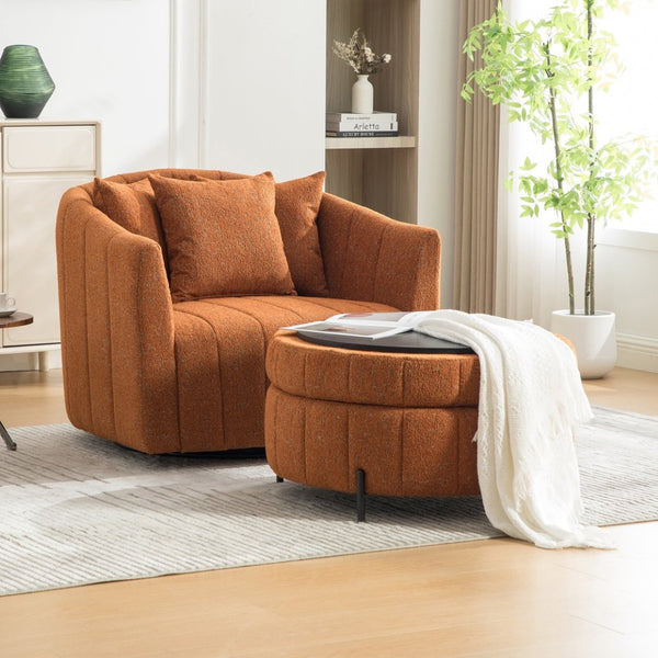 English Elm 39"w Swivel Barrel Club Chair with Channel Tufted Chenille and Round Storage Ottoman Set Orange W3118S00048