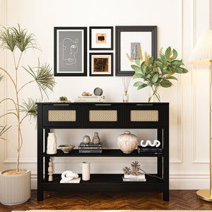 English Elm 43.3" Farmhouse Console Table Rattan Drawer Fronts Open Shelving Entryway Storage Black T3210P426419
