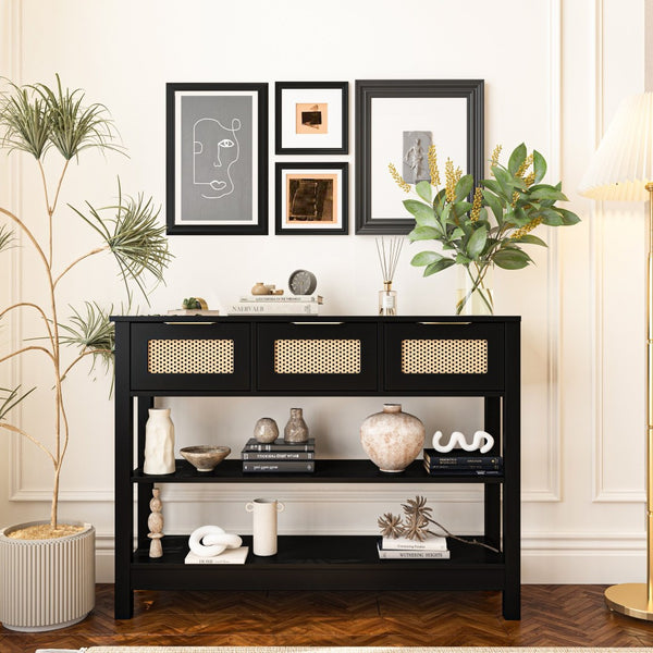 English Elm 43.3" Farmhouse Console Table Rattan Drawer Fronts Open Shelving Entryway Storage Black T3210P426419
