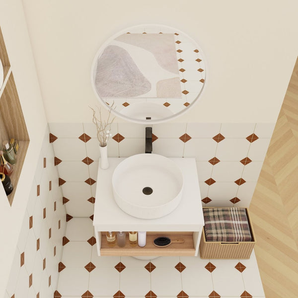 English Elm 24" Floating Oak Plywood Bathroom Vanity Set with Glossy Resin Sink Scandinavian Style W3450S00051