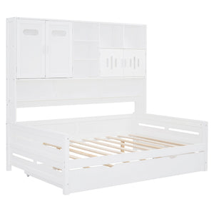 English Elm Full Size Wooden Daybed With Twin Trundle, Integrated Storage Cabinet & Stylish White Finish N820S00027K