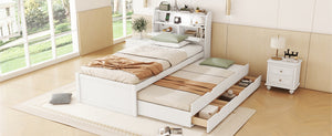 English Elm Twin LED Platform Bed with Trundle and Under-Storage Drawers, Flip-Up Headboard, USB Ports White N820S10008K