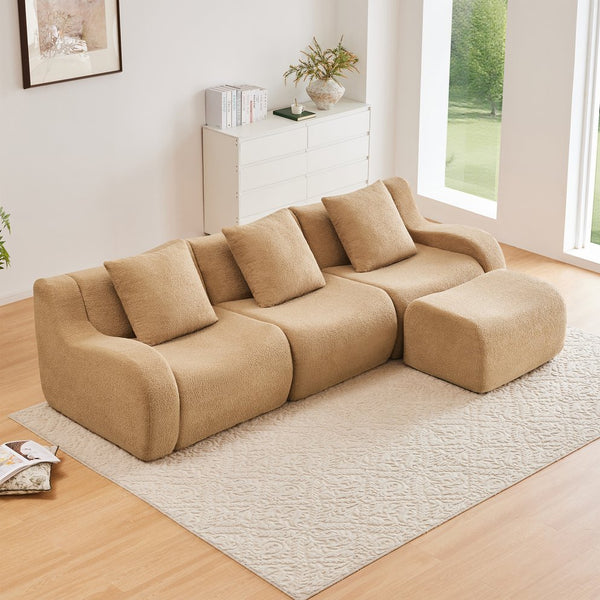 English Elm Boneless 3-Seat Sofa In Camel, Premium Teddy Fabric, No Assembly, Ergonomic Design, Anti-Slip Base W714S01432